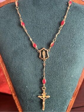 Gold Rosary Necklace with Red Candy stations - Women Jewelry